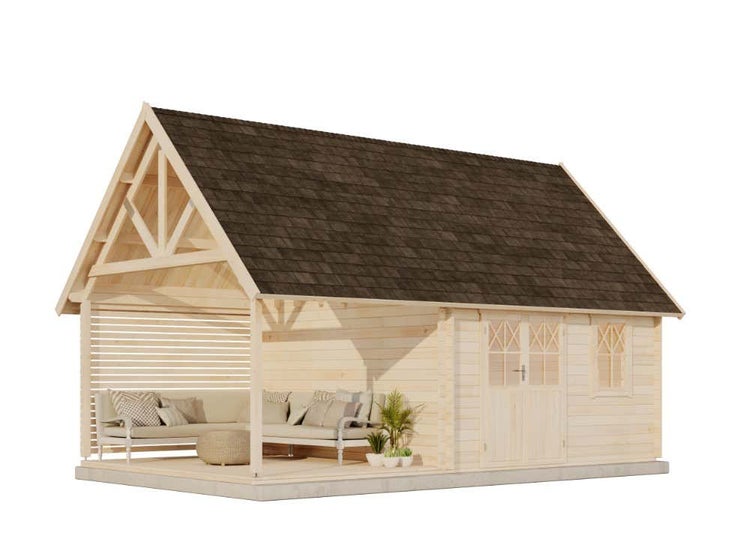 Alpholz Schwedenhaus 44 ISO mit Anbau Blockhaus aus Holz, Holzhaus mit 44 mm Wandstärke inklusive Schlafboden inklusive Schleppdach, Blockbohlenhaus mit Montagematerial, Naturbelassen 7x4,2m
