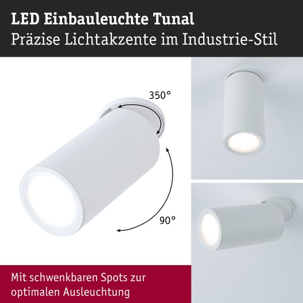 Weiße LED Einbauleuchte Tunal im Industrie-Stil, schwenkbarer Spot mit 350 Grad Drehung und 90 Grad Neigung für präzise Lichtakzente.