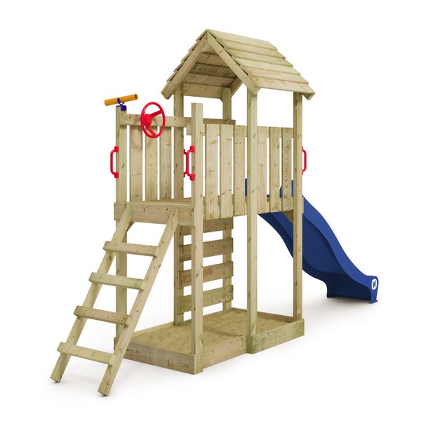 WICKEY Spielturm Klettergerüst JoyFlyer mit Rutsche, Kletterturm mit Sandkasten, Leiter und Spiel-Zubehör - blau