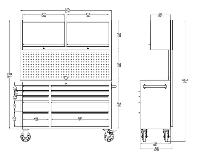 Technische Zeichnung eines Werkstattwagens mit Schubladen, Lochwand und Schränken mit Maßangaben