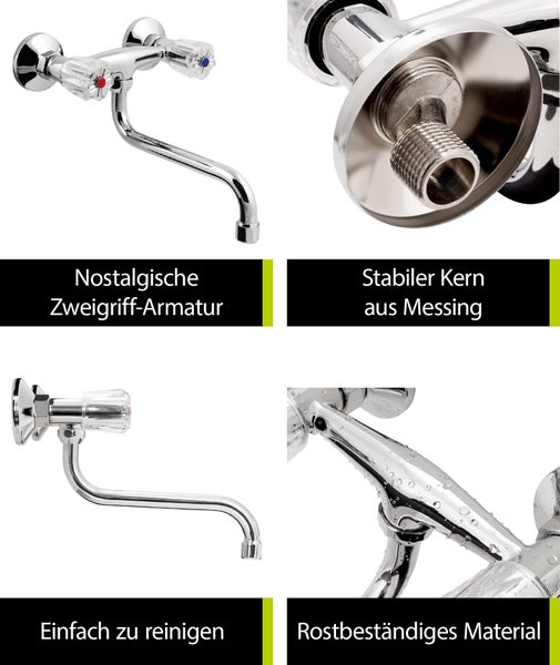 aquaSu® Wand-Zweigriffmischer Standard Plus | Küchenarmatur mit schwenkbarem S-Auslauf | Mischbatterie für Spüle | Spültischarmatur | Wand-Befestigung | Chrom | 778626