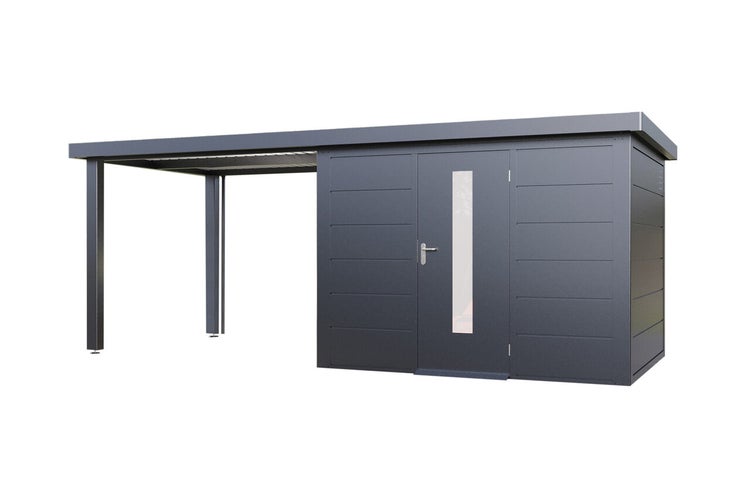 Metall Gerätehaus mit integriertem Carport für den Garten mit Einzeltür und Lichtausschnitt