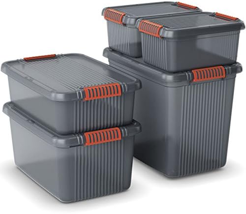 PROREGAL SuperSparSet 5x Mehrzweck Aufbewahrungsbehälter MANATEE mit Deckel HxBxT 45x59x39 cm 60 Liter Grau/Orange