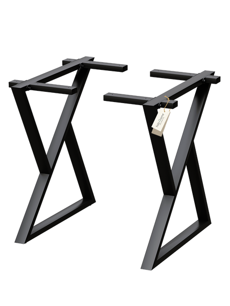 Zwei schwarze Tischbeine aus Metall in V-Form für Esstische.