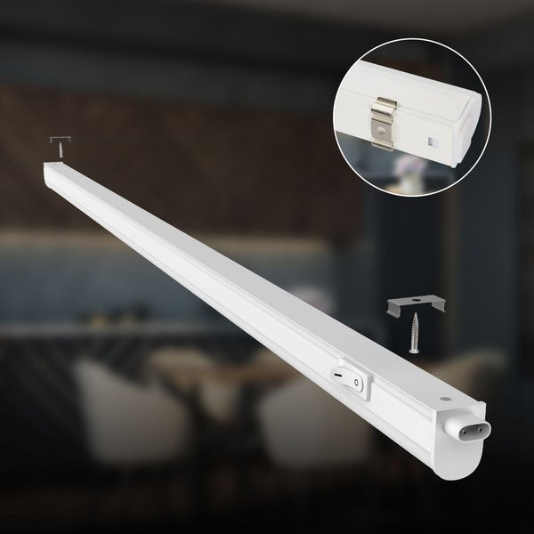 LED-Unterbauleuchte mit Schalter, Montagematerial und Detailansicht der Befestigungsklammer.