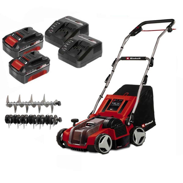 Einhell Akku-Vertikutierer-Lüfter Set mit zwei Akkus, zwei Ladegeräten, Vertikutierwalze, Lüfterwalze und Fangkorb.