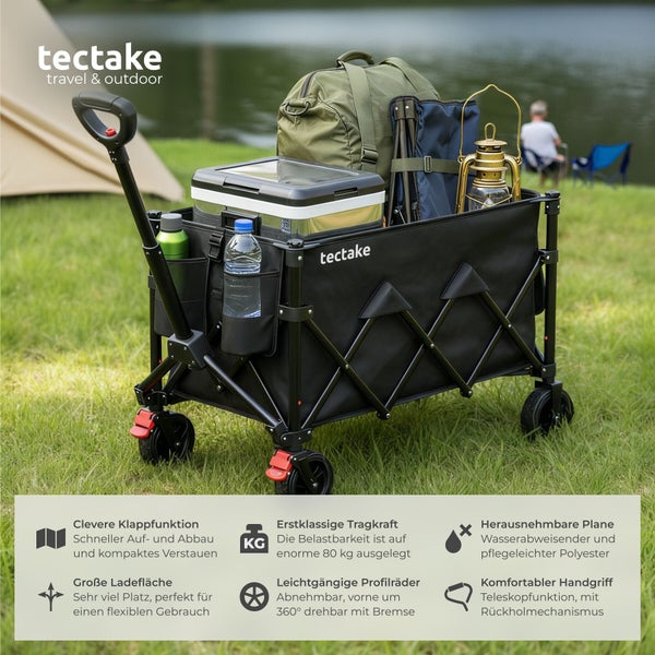 Faltbarer Bollerwagen mit Campingausrüstung auf einer Wiese. Merkmale: 80 Kilogramm Tragkraft, 360 Grad drehbare Räder, Teleskopgriff. tectake Logo.