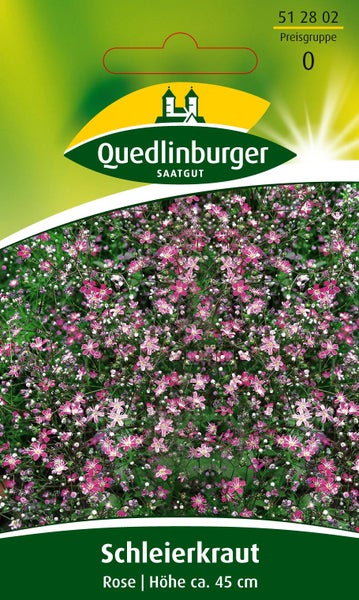 Samentüte Schleierkraut Rose, Wuchshöhe circa 45 Zentimeter, Quedlinburger Saatgut Logo.
