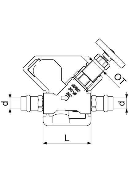 Technische Zeichnung eines Absperrventils Nennweite 15 mit Handrad und Maßangaben d, L und OT.