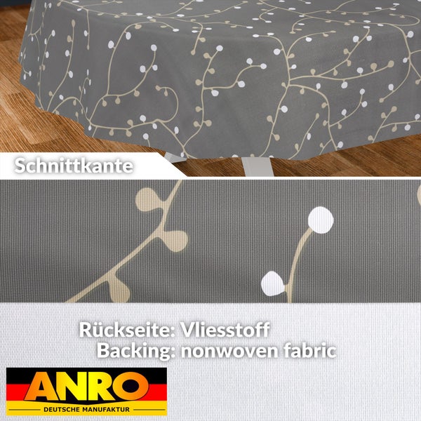 Abwaschbare Tischdecke mit Zweigmuster, Schnittkante, Rückseite aus Vliesstoff und ANRO Logo.