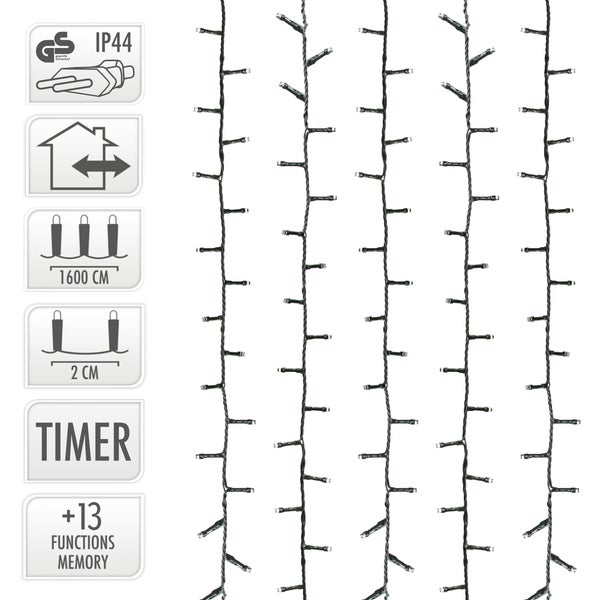 Lichterkette mit GS Zeichen, IP44 Schutzart, für den Innen- und Aussenbereich geeignet, 1600 cm lang, 2 cm Lampenabstand, Timerfunktion und 13 Funktionen mit Memory Funktion