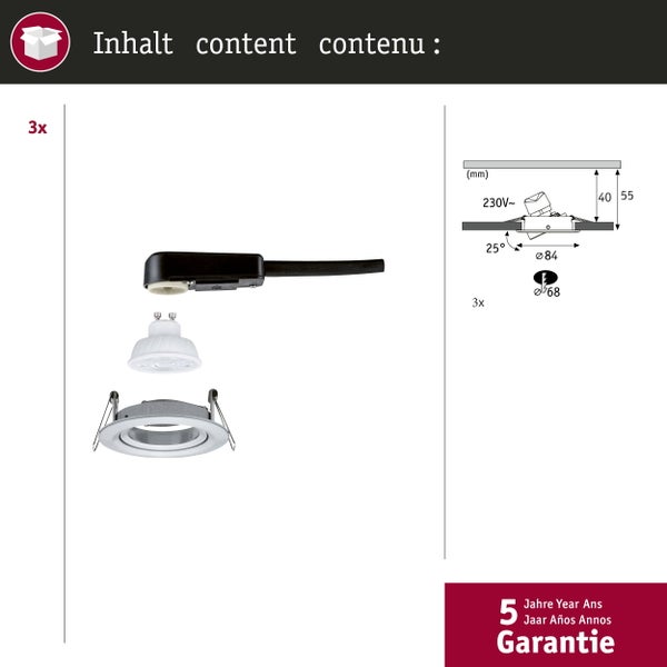 Lieferumfang von drei Einbaustrahlern inklusive Leuchtmitteln, Gehäusen, Anschlussboxen, technischen Maßen in Millimeter und 5 Jahren Garantie.