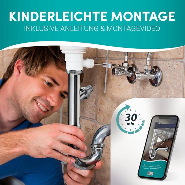 Engelbach® Siphon für Waschbecken - Extra Lang 200mm mit Geräteanschluss -  1 1/4 inkl. Gummimanschette mit Montage-Video - Schwarz