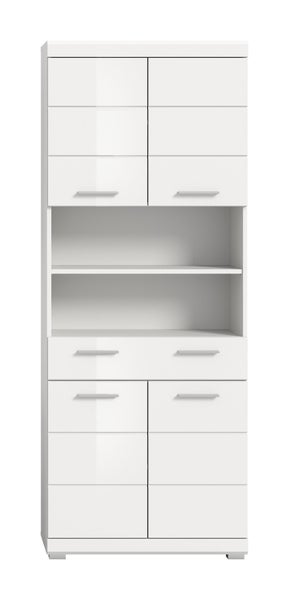 Weißer Mehrzweckschrank mit vier Türen, zwei Schubladen und einem offenen Fach.
