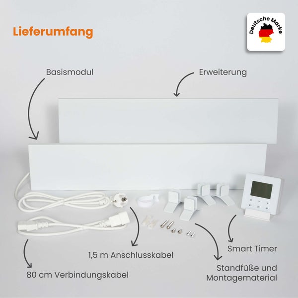 Infrarotheizung Set: Basismodul, Erweiterung, Kabel 1,5 Meter und 80 Zentimeter, Smart Timer, Standfüße, Montagematerial sowie Siegel deutsche Marke.