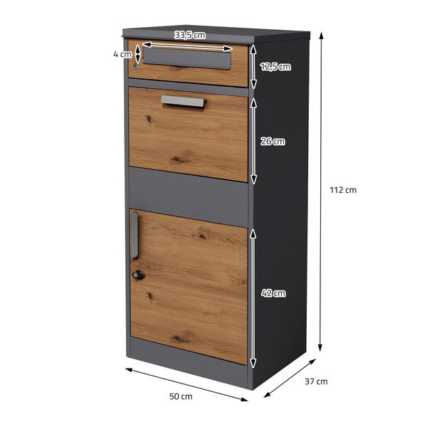 Freistehender Briefkasten mit Holzoptik und verschiedenen Abmessungen.