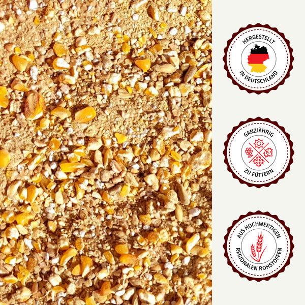 Futtermittel mit Siegel: Hergestellt in Deutschland, Ganzjährig zu füttern, Aus hochwertigen regionalen Rohstoffen.