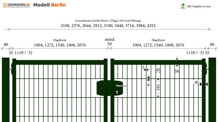 Technische Zeichnung eines Gartentors Modell Berlin mit Breitenangaben