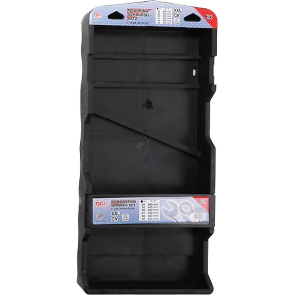 Schwarze Kunststoff-Halterung für BGS Maulringschlüssel-Satz 6-teilig, XXL, Größen 34 bis 50 Millimeter.