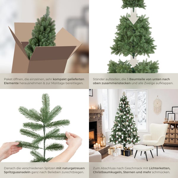 Anleitung zum Aufbau eines künstlichen Weihnachtsbaums in vier Schritten: Auspacken, Zusammenstecken, Zweige biegen und dekorieren.
