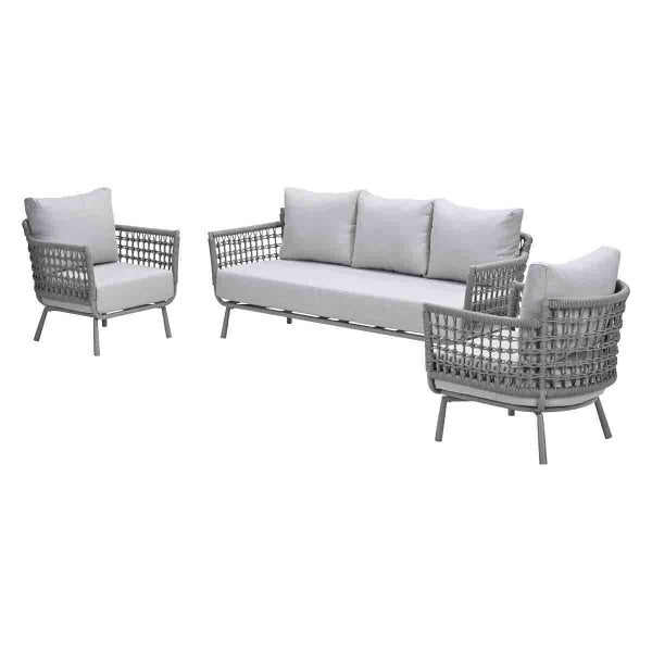 Modernes Garten Lounge Set bestehend aus einem Dreisitzer Sofa und zwei Sesseln mit grauem Seilgeflecht und passenden Polstern.