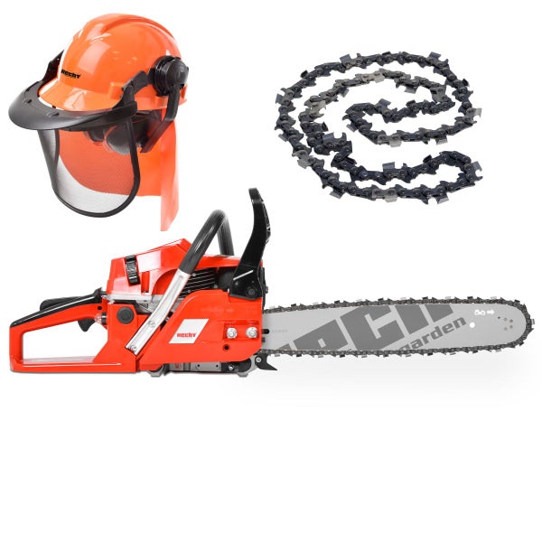 Motorsäge mit Kette und Schutzhelm