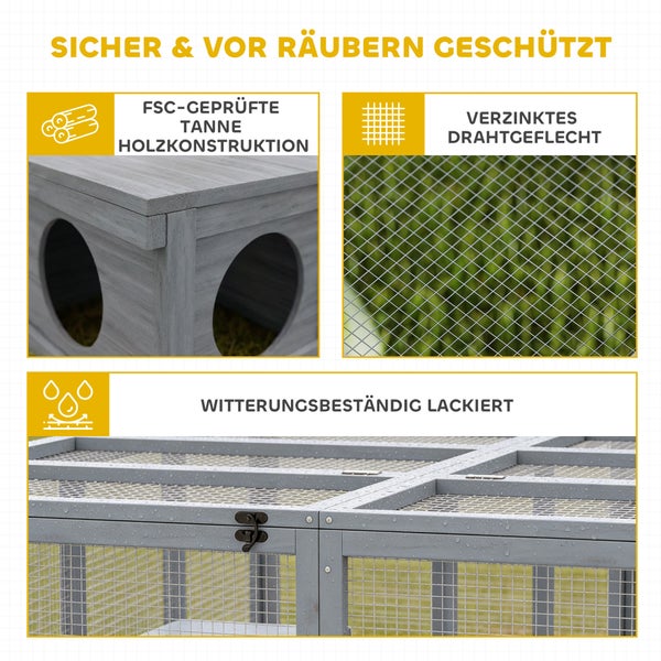 Produktmerkmale eines Kleintierstalls mit FSC-zertifizierter Tannenholzkonstruktion, verzinktem Drahtgeflecht und witterungsbeständiger Lackierung.