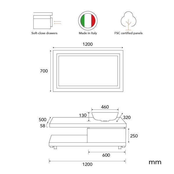 Technische Zeichnung eines Badezimmer Waschtischs mit Softclose Schubladen, hergestellt in Italien aus FSC zertifizierten Holzwerkstoffen.