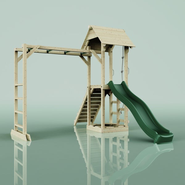 Holzspielturm mit Rutsche, Leiter und Schaukel