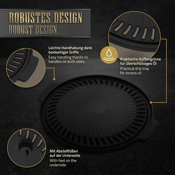 BBQ#BOSS Grillplatte aus Gusseisen, Ø 32 cm, Runde Gusspfanne, Gerippte Bratpfanne mit zwei Griffen, Plancha für BBQ, Gasgrill, Kohlegrill & Elektrogrill, Grillpfanne Gussplatte Gusseisenpfanne
