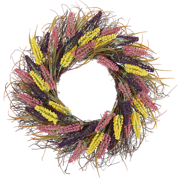 Dekorativer Blumenkranz mit künstlichen Blüten und Zweigen