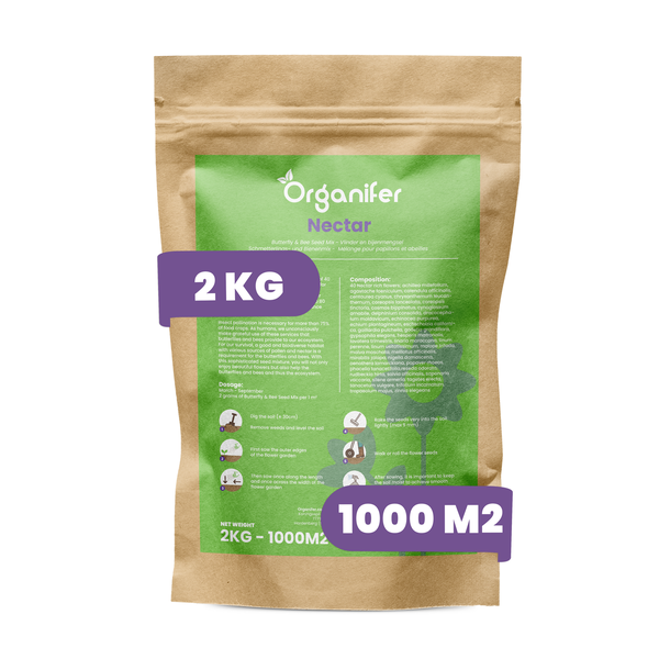 Organifer Nectar Schmetterlings- und Bienenmix, 2 Kilogramm Packung für 1000 Quadratmeter.