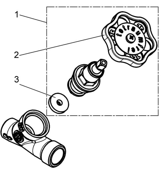 Technische Explosionszeichnung von Ersatzteilen für ein frostfreies Ventil mit Handrad, Ventileinsatz und Dichtung.