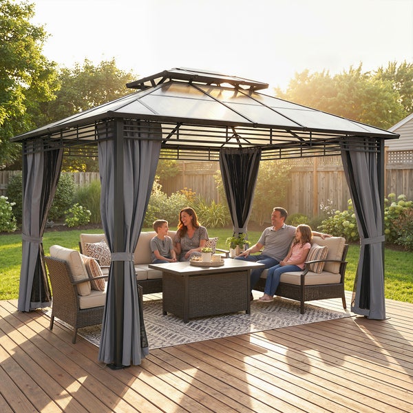 Moderner Gartenpavillon mit Metalldach und Vorhängen auf einer Holzterrasse mit Rattan-Sitzgruppe und einer Familie in einem hellen Garten.