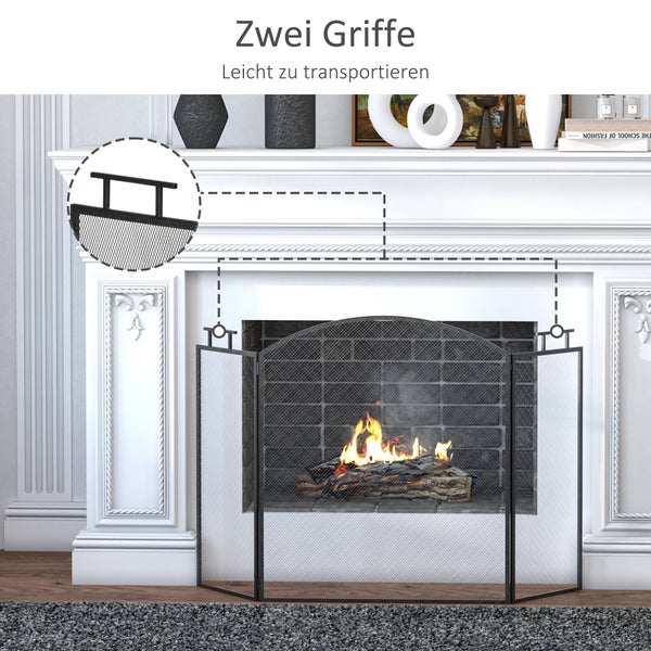 HOMCOM Kaminschutzgitter Funkenschutzgitter mit Netz Eisengitter Kaminschirm zusammengefaltet dreiteilige Design Metall Schwarz 128 x 2 x 76,5 cm