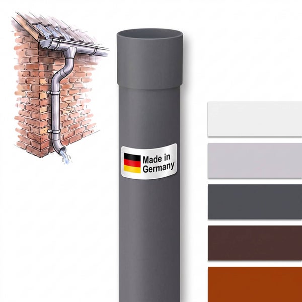 Fallrohr aus Kunststoff mit Steckmuffe fuer Dachentwaesserung, hergestellt in Deutschland, erhaeltlich in verschiedenen Farben.