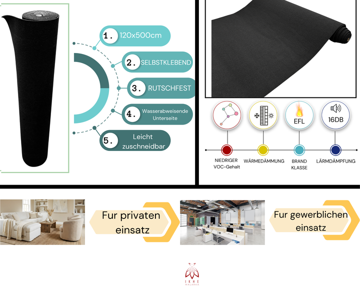 Schwarze, selbstklebende Akustikmatte mit den Maßen 120x500 Zentimeter, rutschfest, wasserabweisender Unterseite, leicht zuschneidbar, niedriger VOC-Gehalt, Wärmedämmung, Brandklasse EFL, 16DB Lärmdämpfung, für privaten und gewerblichen Einsatz