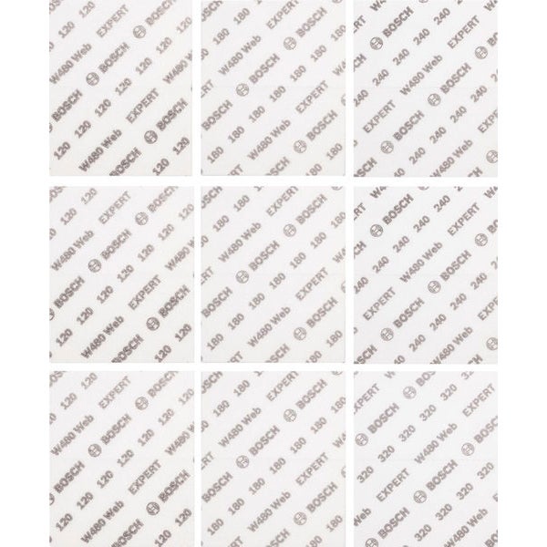 Mehrere Blätter Schleifpapier unterschiedlicher Körnungen mit Bosch Logo