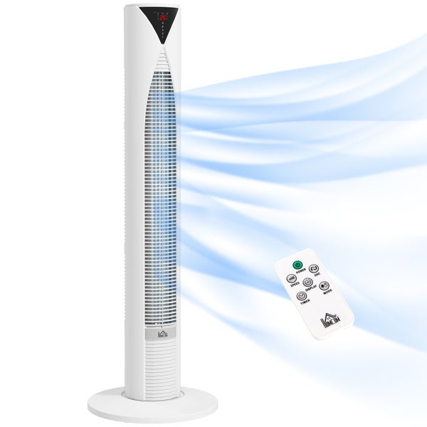 Turmventilator in Weiß mit digitalem Display, Fernbedienung und visualisiertem Luftstrom. Homcom Logo.