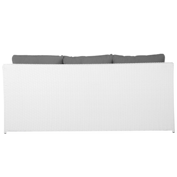 Gartensofa in Korbgeflechtoptik mit Polsterauflagen von hinten betrachtet