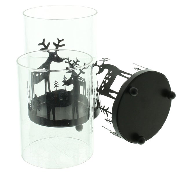 FRANK FLECHTWAREN | Windlicht Rentier im Wald, 2er Set, 8 x 8 x 11 cm, 9 x 9 x 13 cm, METALL, GLAS