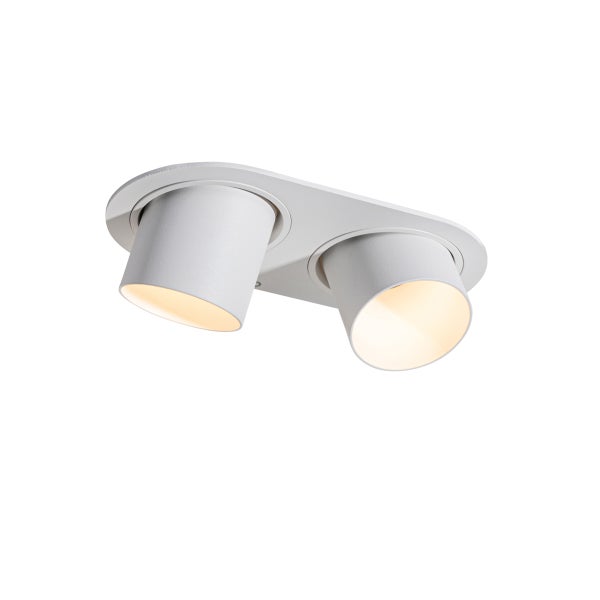 Moderner weißer Deckenstrahler zweiflammig mit zwei verstellbaren zylindrischen Spots und warmem Licht.