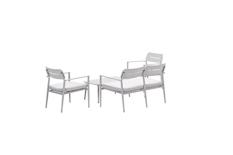 Garten-Lounge-Set aus Aluminium in Hellgrau, bestehend aus zwei Sesseln, einem Sofa und einem Tisch mit Sitzkissen.
