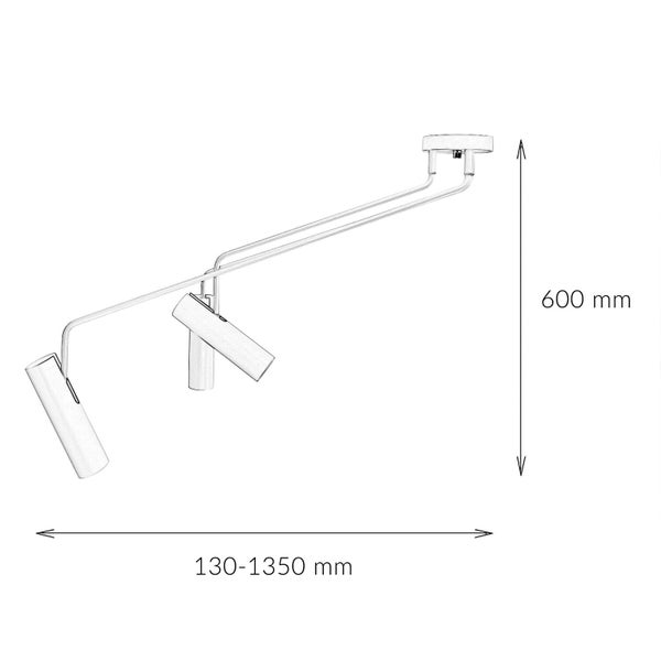 Abbildung einer Deckenleuchte mit drei Strahlern und Maßangaben: Höhe 600 mm, Breite 130 bis 1350 mm.