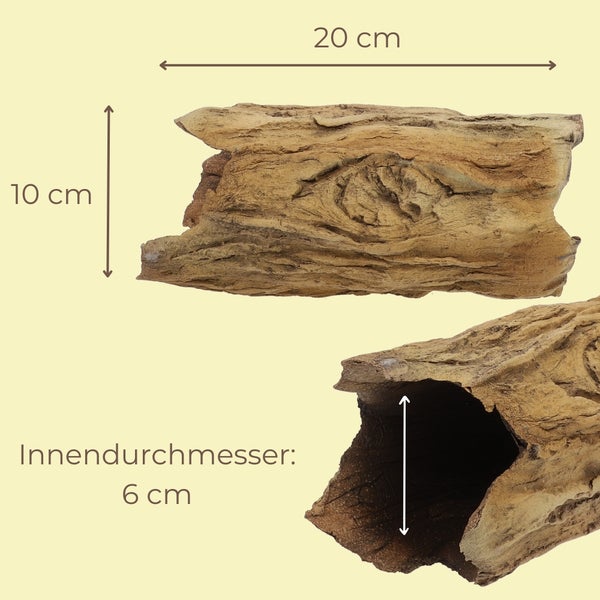 Aquarium-Dekoration hohler Baumstamm, Länge 20 Zentimeter, Höhe 10 Zentimeter, Innendurchmesser 6 Zentimeter.