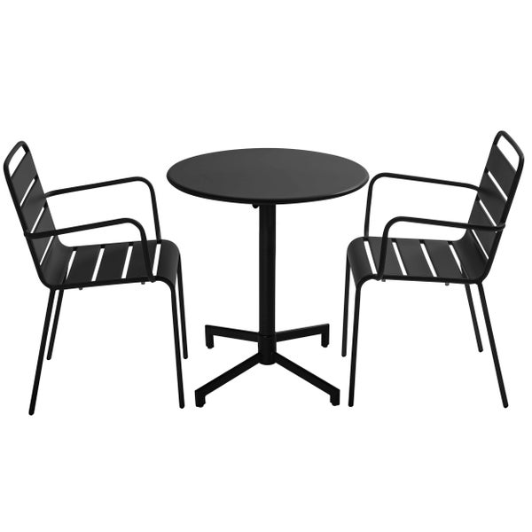 Bistro-Set 3-teilig aus Metall in Schwarz mit einem runden Tisch und zwei Gartenstühlen mit Armlehnen.