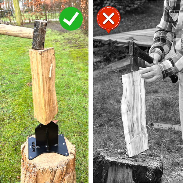 Vergleichsbild zur korrekten Anwendung eines Brennholzspalters mit einem Hammer im Gegensatz zur falschen Verwendung mit einer Axt.