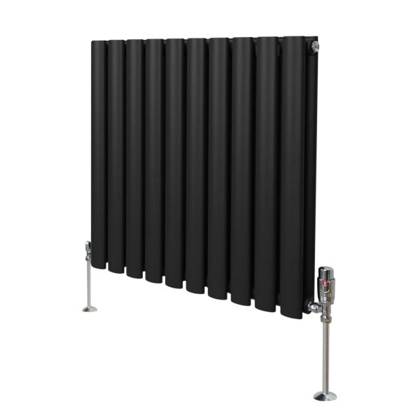 Oval Röhrenheizkörper & Chrom Thermostatventile – 600mm x 600mm - Schwarz