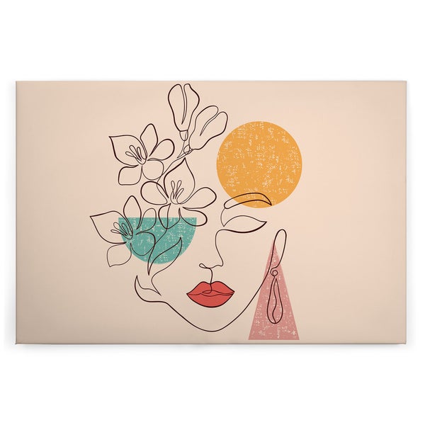 Wandbild mit stilisierter Frauendarstellung im Linienkunst Stil mit Blumen und geometrischen Formen auf Leinwand.