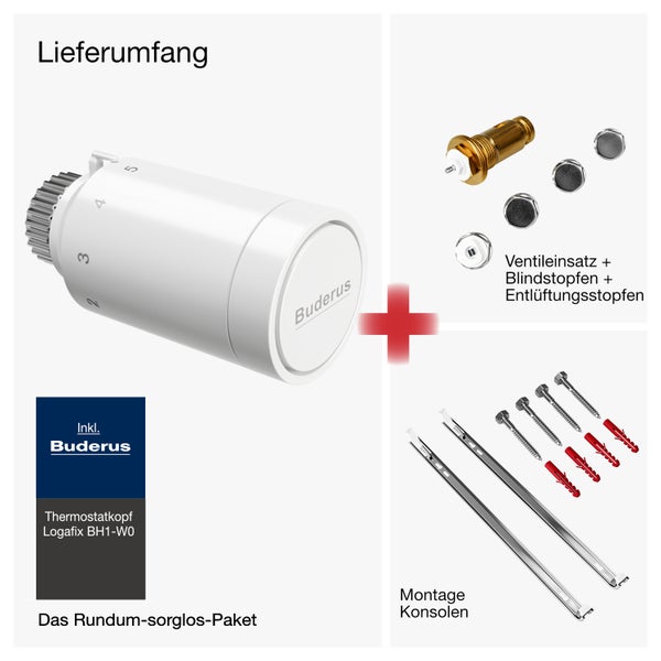 DESIGNO Universalheizkörper Kompakt & Ventilheizkörper Typ 33-BH-600 x BL-1800 | inkl. Buderus Thermostatkopf - Ventil - Montagezubehör | Wärmeleistung 4.525 Watt